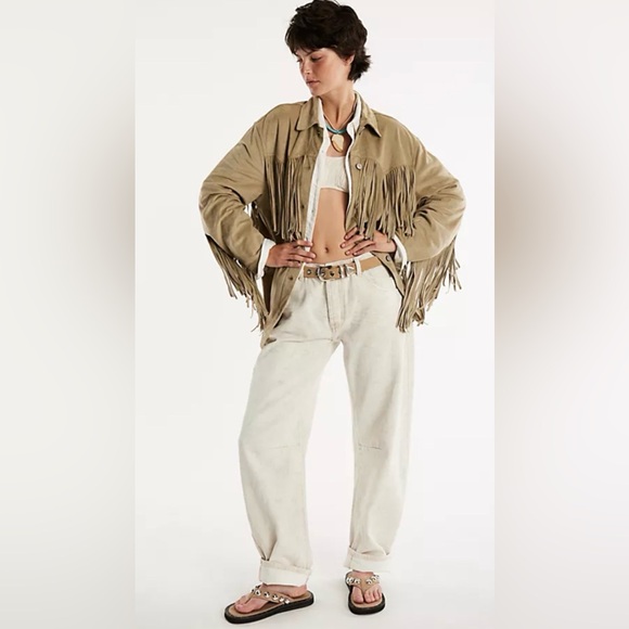 Free People Fringe Out Vegan Suede Jacket We The Free Pockets Smocked Green - Picture 4 of 6